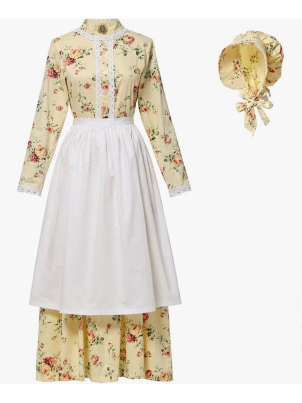 Yellow Pioneer Dress Costume With Floral Print Lace Trim White Apron & Bonnet X